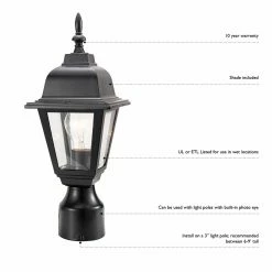 Best Sale 👏 7 - 12 In. Design House 507509 Maple Street Outdoor Post Light - 6 X 16 In. - Black Die-Cast Aluminum Finish 🥰 -Trans Globe Shop detail2DHIC104 1
